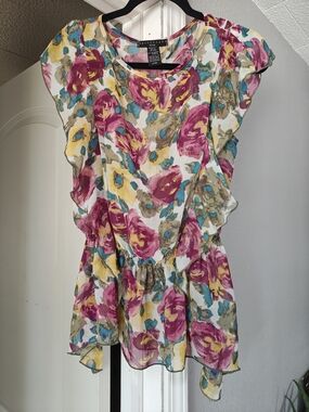 Apostrophe Floral Ruffle Peplum Blouse - White with Fuchsia, Yellow & Teal